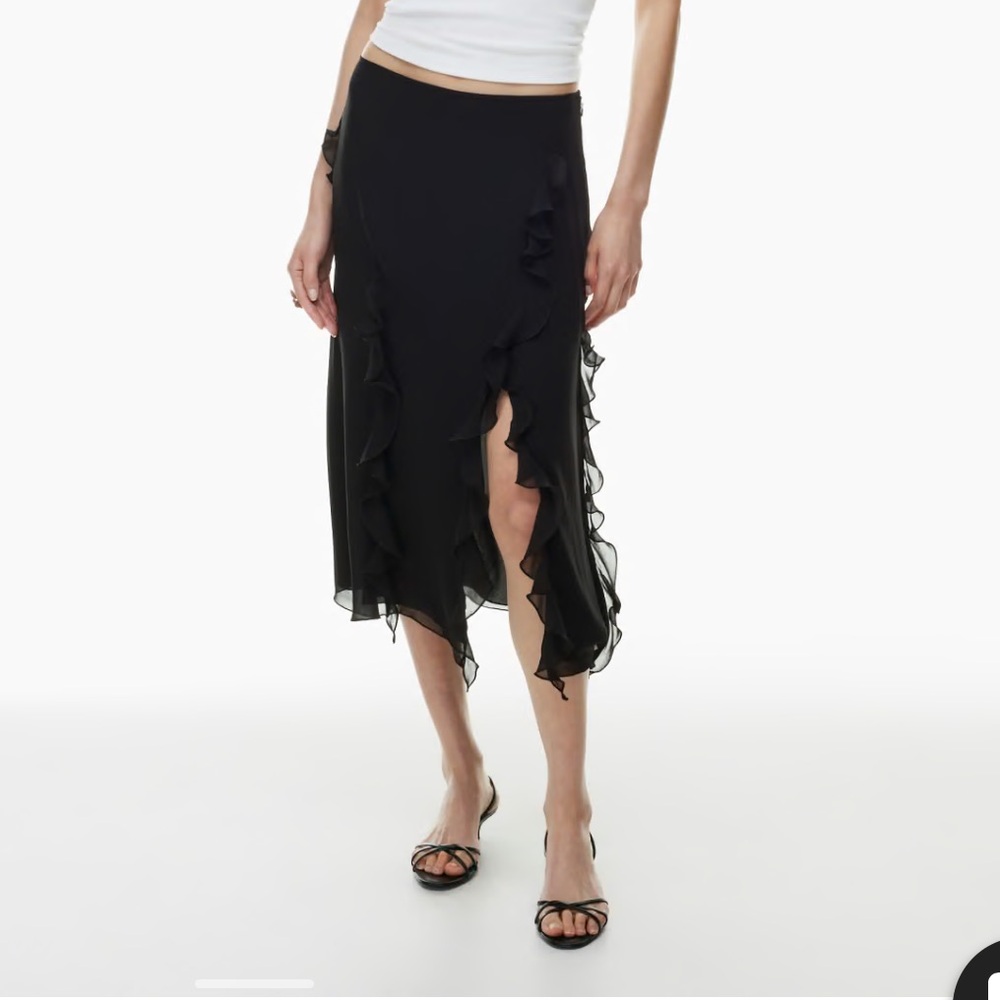 Aritzia x Wilfred “Raval” Black Ruffle-Trim Asymmetric Midi Skirt